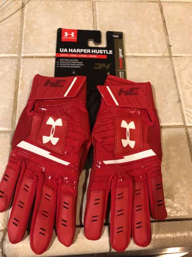 Red New Medium Under Armour Harper Hustle Batting Gloves