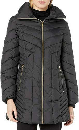 Anne Klein Women's Wing Collar Chevron Quilting Coat with Hood Black Small
