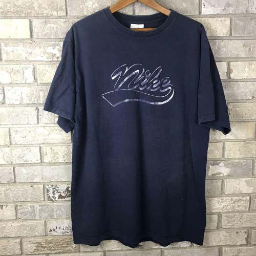 Nike Size Large Navy Blue T Shirt Grey Tag Script Early 2000s Vtg Spellout Fade
