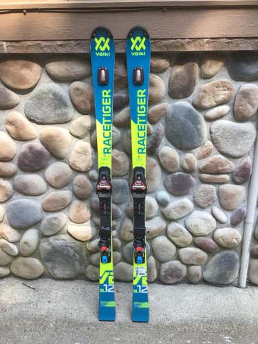 Volkl Racetiger SL R WC race skis FIS rated 157cm with Marker Excel 16 bindings and race plate