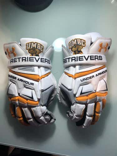 White Used Player's Under Armour Engage 13" Lacrosse Gloves