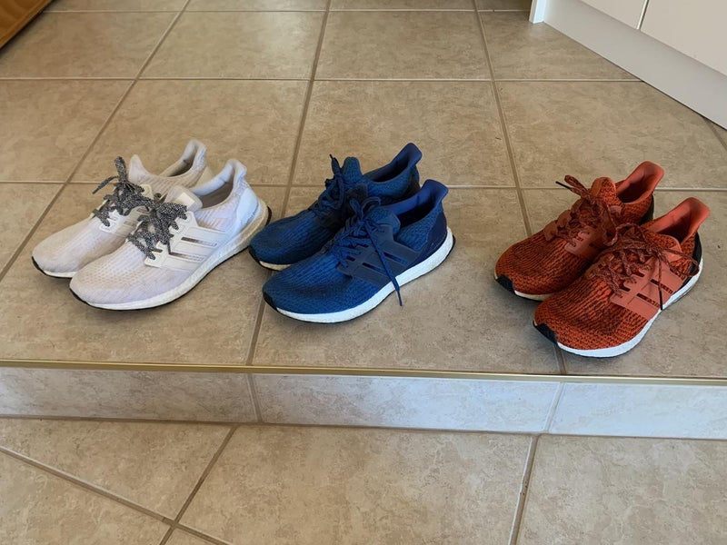 3 Pair of Adidas Ultraboost size 11.5 (Blue/White/Red Orange)