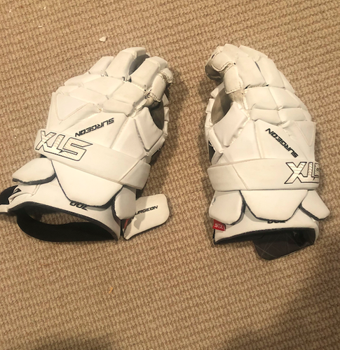 White Used Player's STX Surgeon 700 Lacrosse Gloves 14"