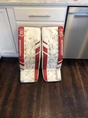 White and Red Used Intermediate 30+1" Warrior Ritual G3 Goalie Leg Pads