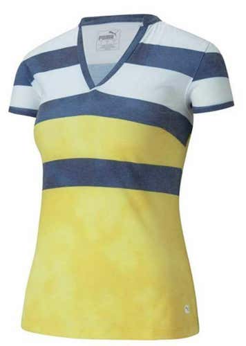 PUMA Women's Golf Dye Stripe Polo Shirt Top Super Lemon Small S New #43235