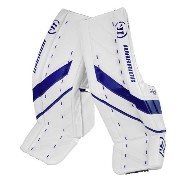 New Warrior G4 Pro Senior Hockey Goalie Leg Pads size 33"+1.5 White/Blue SR pad