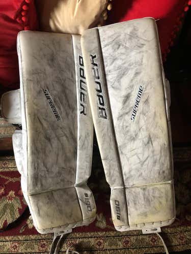 White Used Intermediate 30" Bauer Supreme S190 Goalie Leg Pads