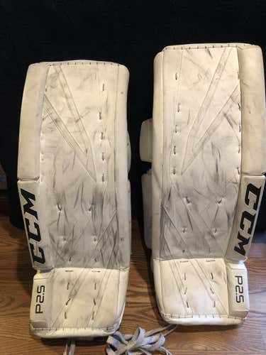 White Used Junior 28" CCM Premier P2.5 Goalie Leg Pads