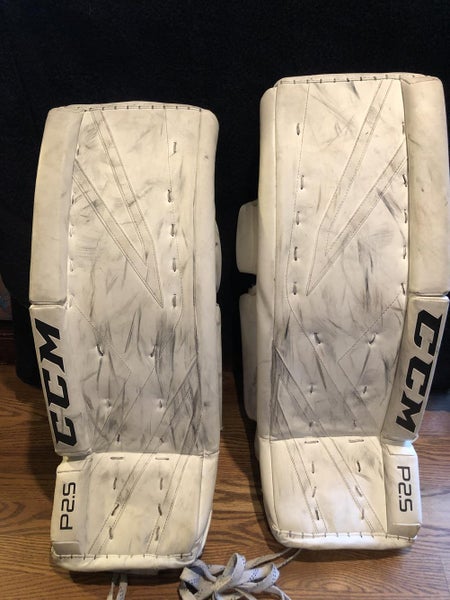 White Used Junior 28" CCM Premier P2.5 Goalie Leg Pads