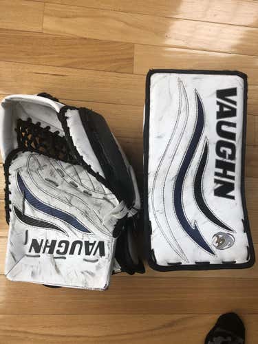 Vaughn Velocity V4 Pro Stock Glove and Blocker Set used - White, Blue and Black