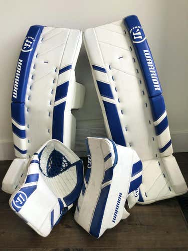CUSTOM SET Senior 35 + 1.5” Warrior Ritual G3 Senior Goalie Pads & Glove Blocker Set - BLUE & WHITE