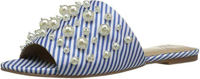The Fix Women's Faris Flat Slide Sandal with Pearls, cielo blue stripe satin, 8.