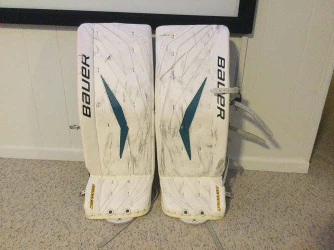 White Used Senior 33" Bauer Supreme TotalOne Goalie Leg Pads Pro Stock