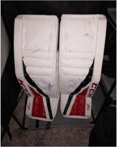 White/Red/Black Used Senior 35" CCM Extreme Flex E3.5 Goalie Leg Pads