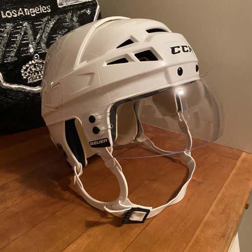 White Used Large CCM Vector V08 Pro Stock Helmet W/ Bauer Viso