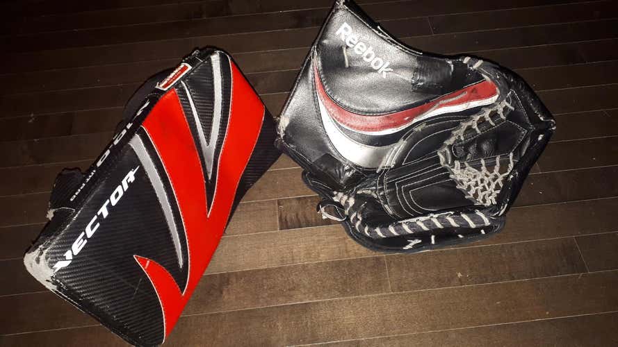 Black, Red & Silver Senior Used Reebok Regular Premier 3 Glove and CCM Vector 10.0 Blocker Pro Stock