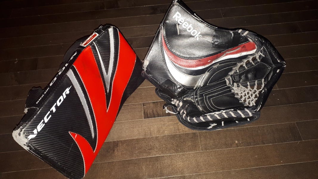 Black, Red & Silver Senior Used Reebok Regular Premier 3 Glove and CCM Vector 10.0 Blocker Pro Stock