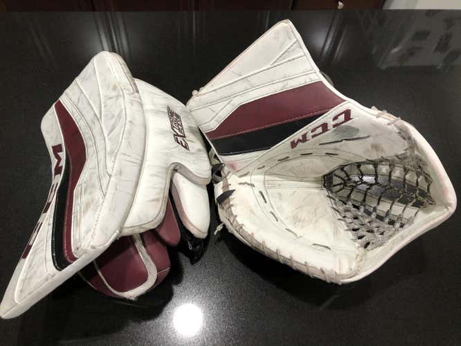 CCM Extreme Flex III White, Maroon, Black, Regular Hand Senior Pro Glove Set Used