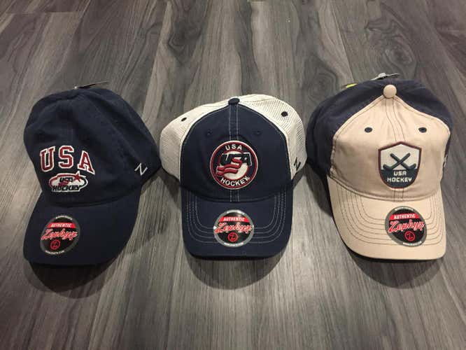 NEW - USA Hockey Hats, all 3! New With Tag. Ice Hockey, Roller Hockey, Red, Cream, Blue hats