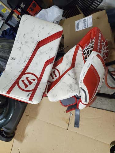 White / red Used Senior Warrior Regular glove and blocker