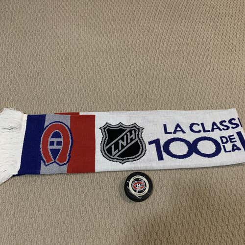 Adidas Canadiens Centenial Classic Scarf+SIGNED Canadiens Game Used Puck
