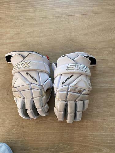 White Used STX Surgeon 700 14" Lacrosse Gloves