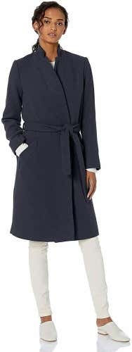 Daily Ritual Women's Wool Blend Belted Coat, Navy Herringbone 10