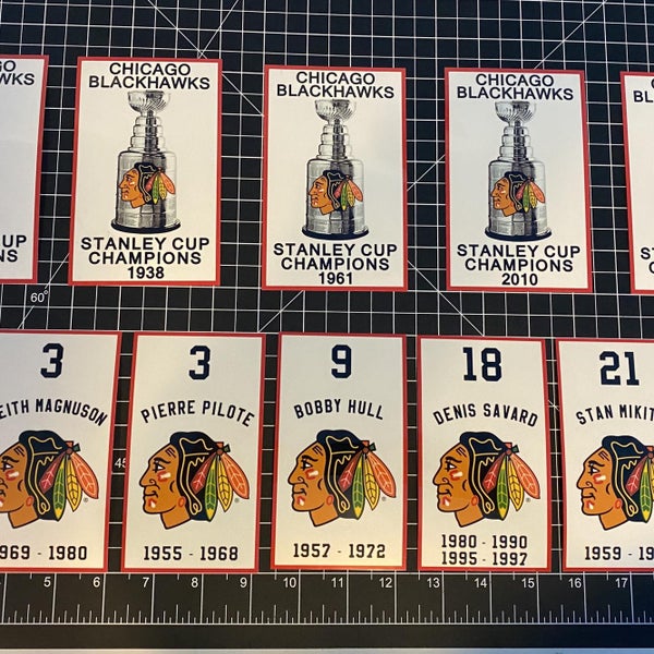 STOCKING STUFFER Chicago Blackhawks Stanley Cup & Retired # Arena Banner Decal Stickers NHL