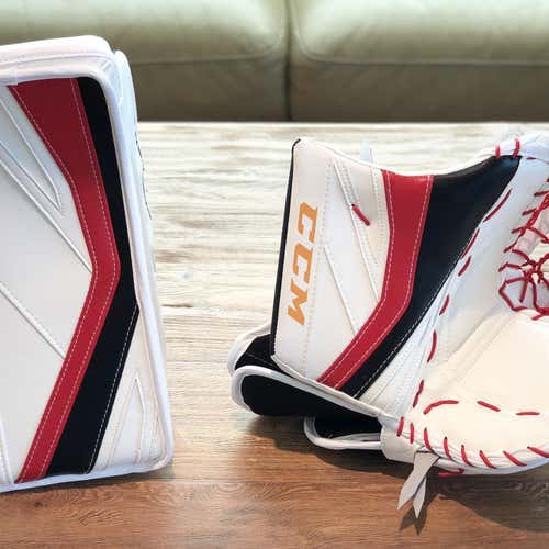 Brand new CANADIAN MADE set of CCM Premier 2 glove and blocker that were made for Cam Talbot