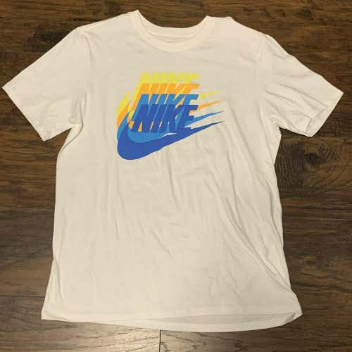 Nike Swoosh Blue/Yellow/White Athletic Cut Graphic tee shirt size L