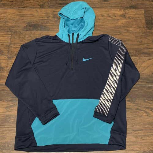 Nike Sportswear Running Dri Fit 1/4 Zip hooded Sweatshirt Navy blue/Teal Sz XL