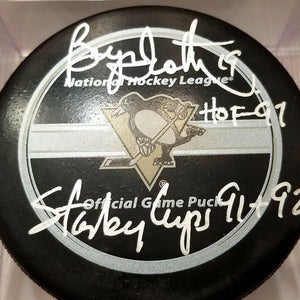 BRYAN TROTTIER Penguins Signed 2007-09 NHL GAME PUCK Stanley Cups 91+92