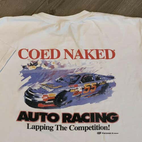 Coed Naked Auto Racing T Shirt Mens XL Adult White Coed Sportswear Funny Vintage