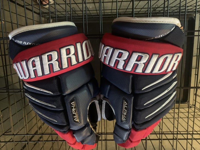 Blue and Red Used Senior Warrior Alpha QX Gloves 14"
