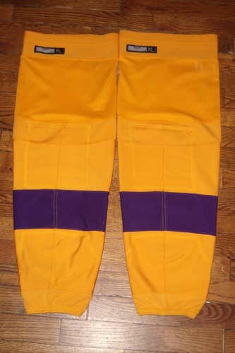 Los Angeles Kings worn gold socks w/purple stripes vintage/throwback games (Reebok XL Kevlar linings