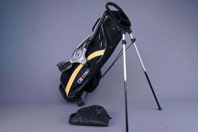 USKG KIDS GOLF STAND BAG BLACK/GRAY/YELLOW 4 WAY W/ RAINCOVER 34” TALL ~ LOOK!