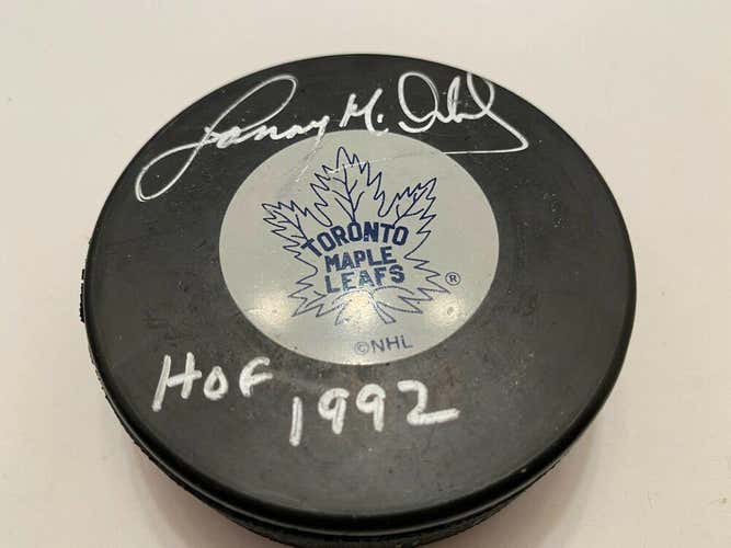LANNY MCDONALD Autographed Toronto Maple Leafs NHL Hockey Puck HOF 1992 Signed