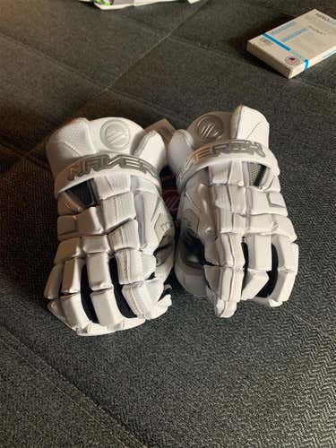 White New Maverik M4 13" Lacrosse Gloves And White Hero 2.0 Semi Soft Mesh