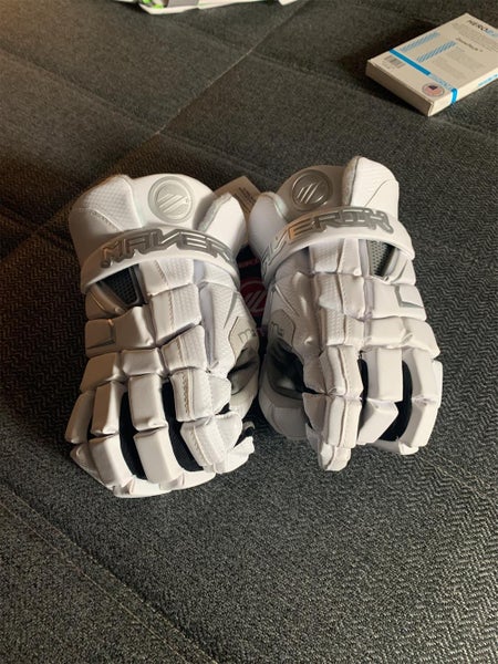White New Maverik M4 13" Lacrosse Gloves And White Hero 2.0 Semi Soft Mesh