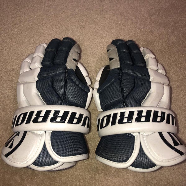 White/Navy Used Medium Warrior Lacrosse Gloves