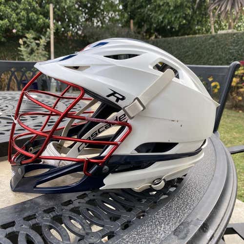 White Cascade R Helmet With Red Face Mask Blue Chin And Decals