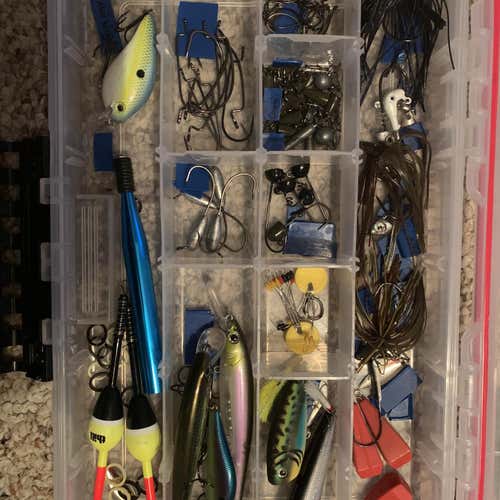 Various Lures And Tackle, One Plano Water Tight Tackle Tray, One BPS Tray