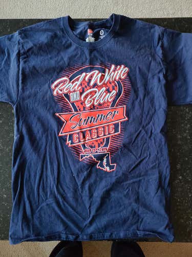 Used large Red , White, and Blue lax tournament shirt