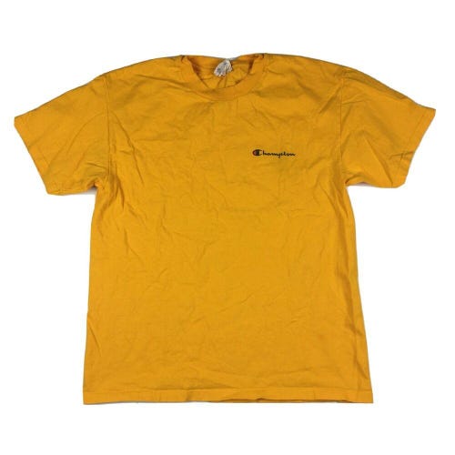 Vintage Champion Script Logo T-Shirt Yellow/Blue Made in Mexico Sz Large