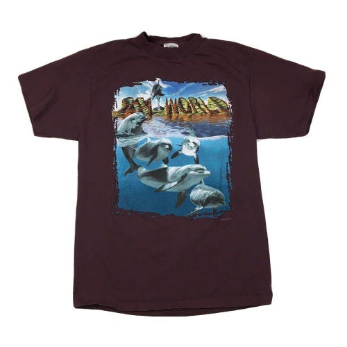 Vintage 90s Sea World 3D Dolphins Graphic T-Shirt (Brown) Sz Large