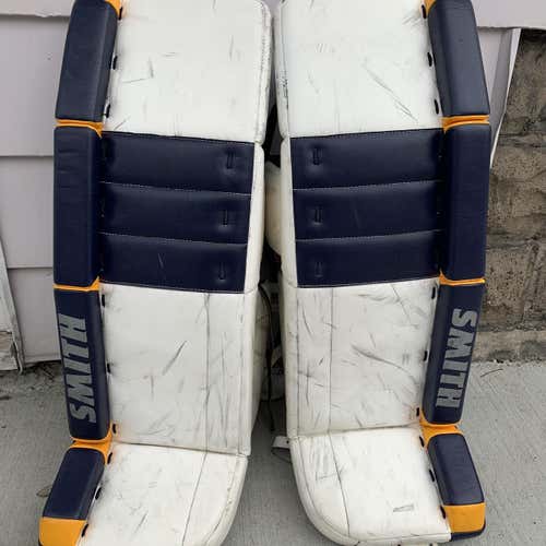 Senior 33" (+1?) Smith Goalie Leg Pads - Improved/updated - White Blue Yellow