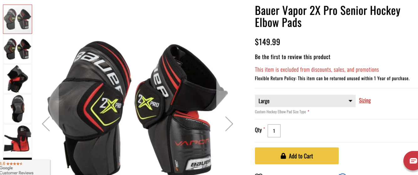 New Senior Bauer Vapor 2x Pro Large Elbow Pads