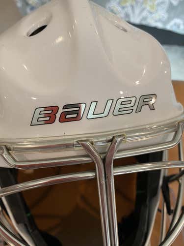 White Used Senior Bauer NME VTX Goalie Mask