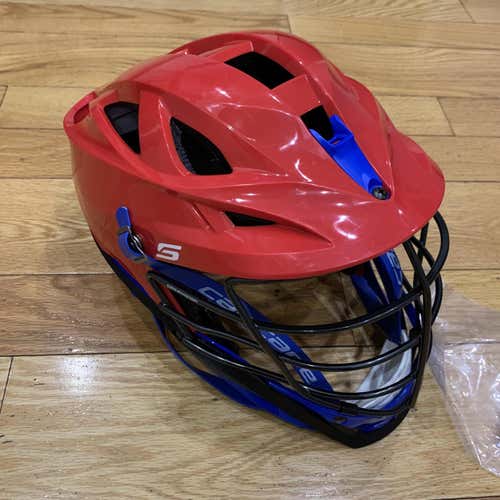 new with tags Cascade S Helmet. scarlet red shell, black cage, blue chin & washer. blue chin strap