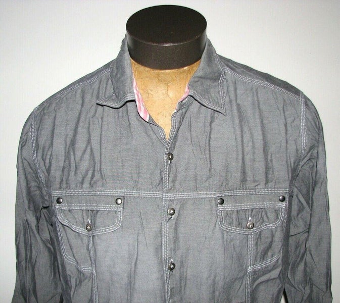 Tulliano Men's Gray Long-Sleeve Cotton Shirt w/Pink&White Checks